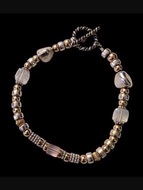 925 Sterling Silver Two Tone Metallic And Crystal Bead Size 7.75" Bracelet